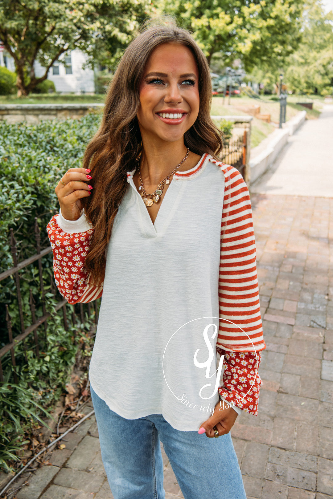 Floral Estate Stripe Top- Cream