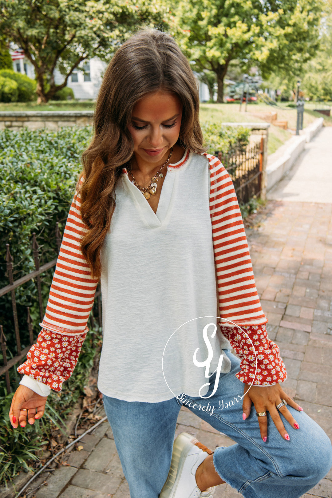 Floral Estate Stripe Top- Cream