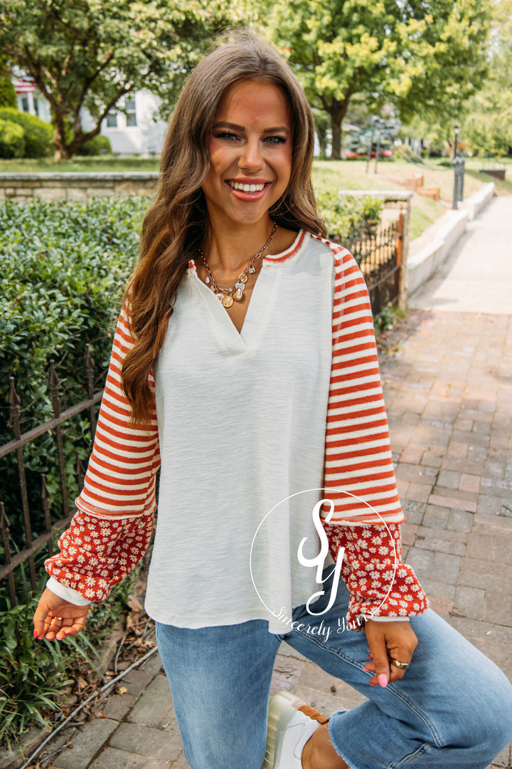 Floral Estate Stripe Top- Cream
