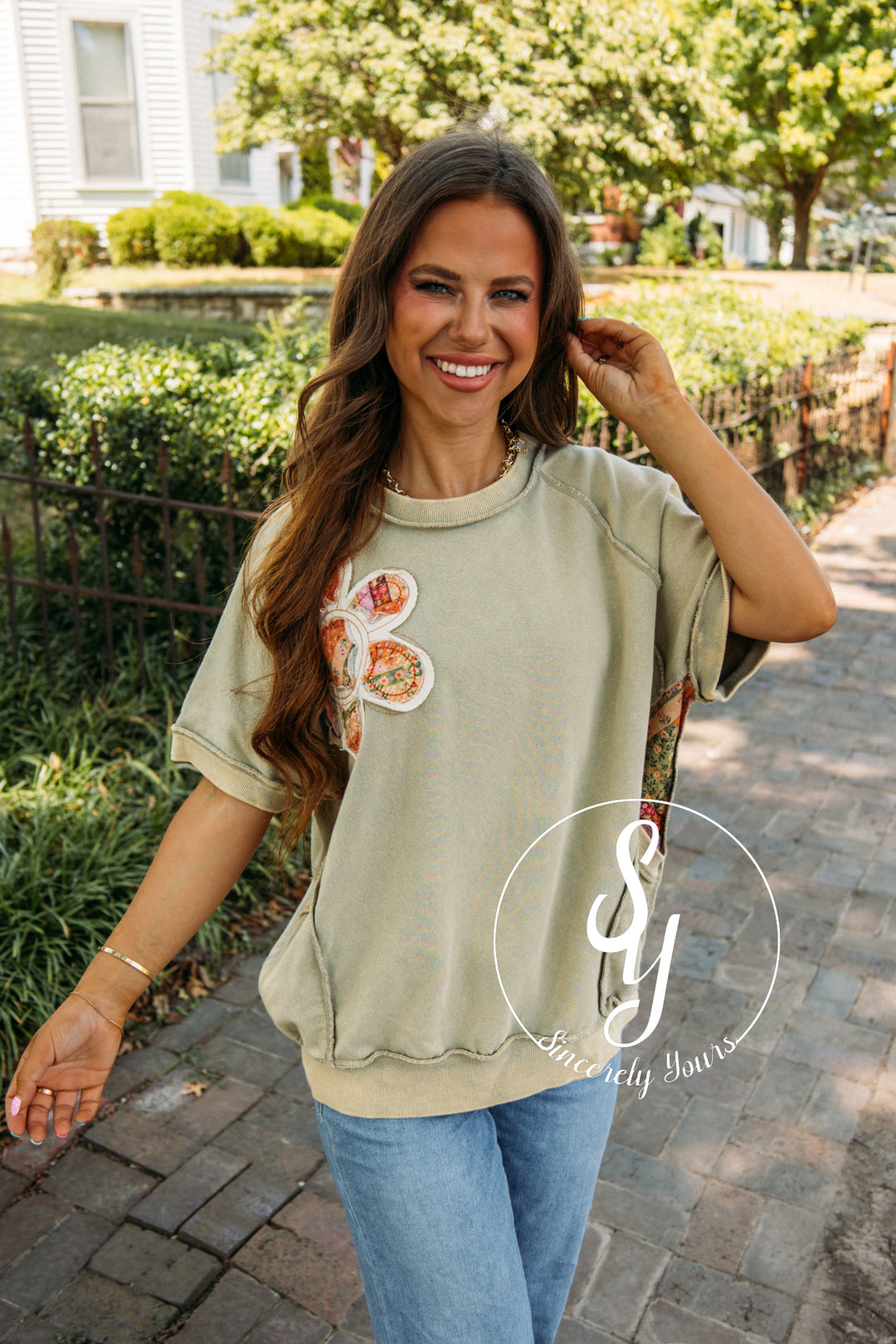 Floral Patch Top- Faded Olive