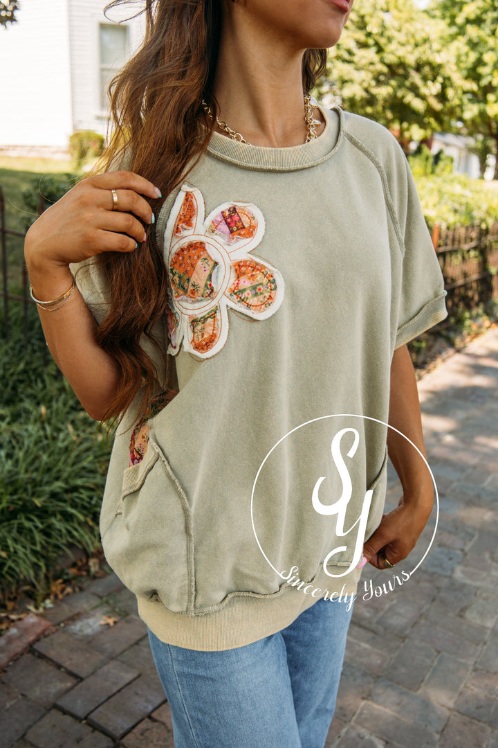 Floral Patch Top- Faded Olive