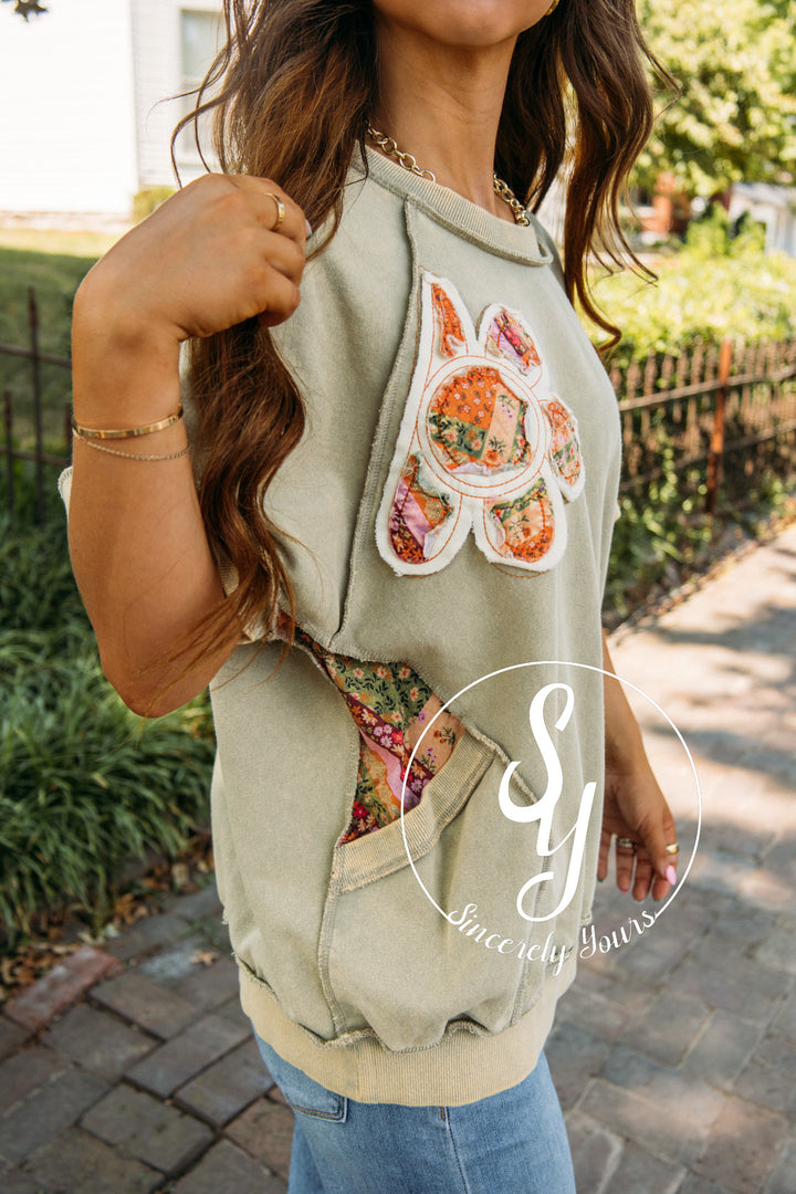 Floral Patch Top- Faded Olive