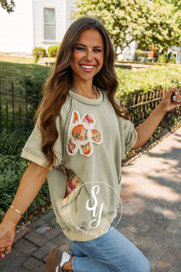 Floral Patch Top- Faded Olive