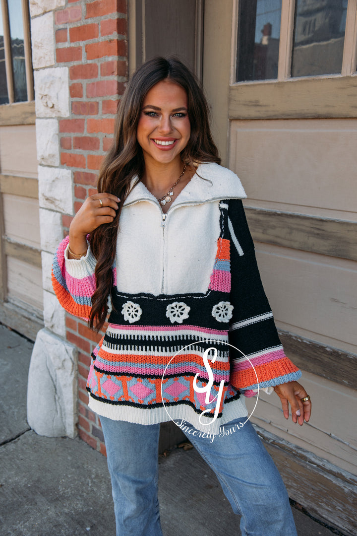 Flower Stripe Pullover - Black