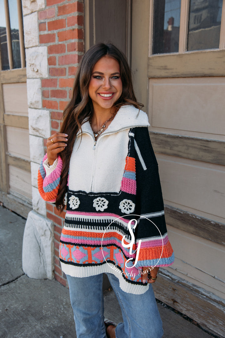 Flower Stripe Pullover - Black