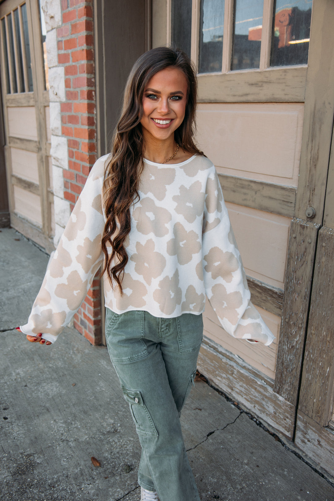 Eyes On You Flower Sweater - Cream/Taupe