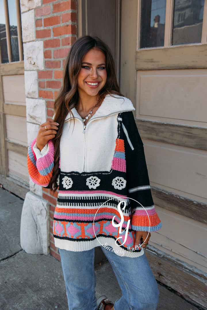 Flower Stripe Pullover - Black