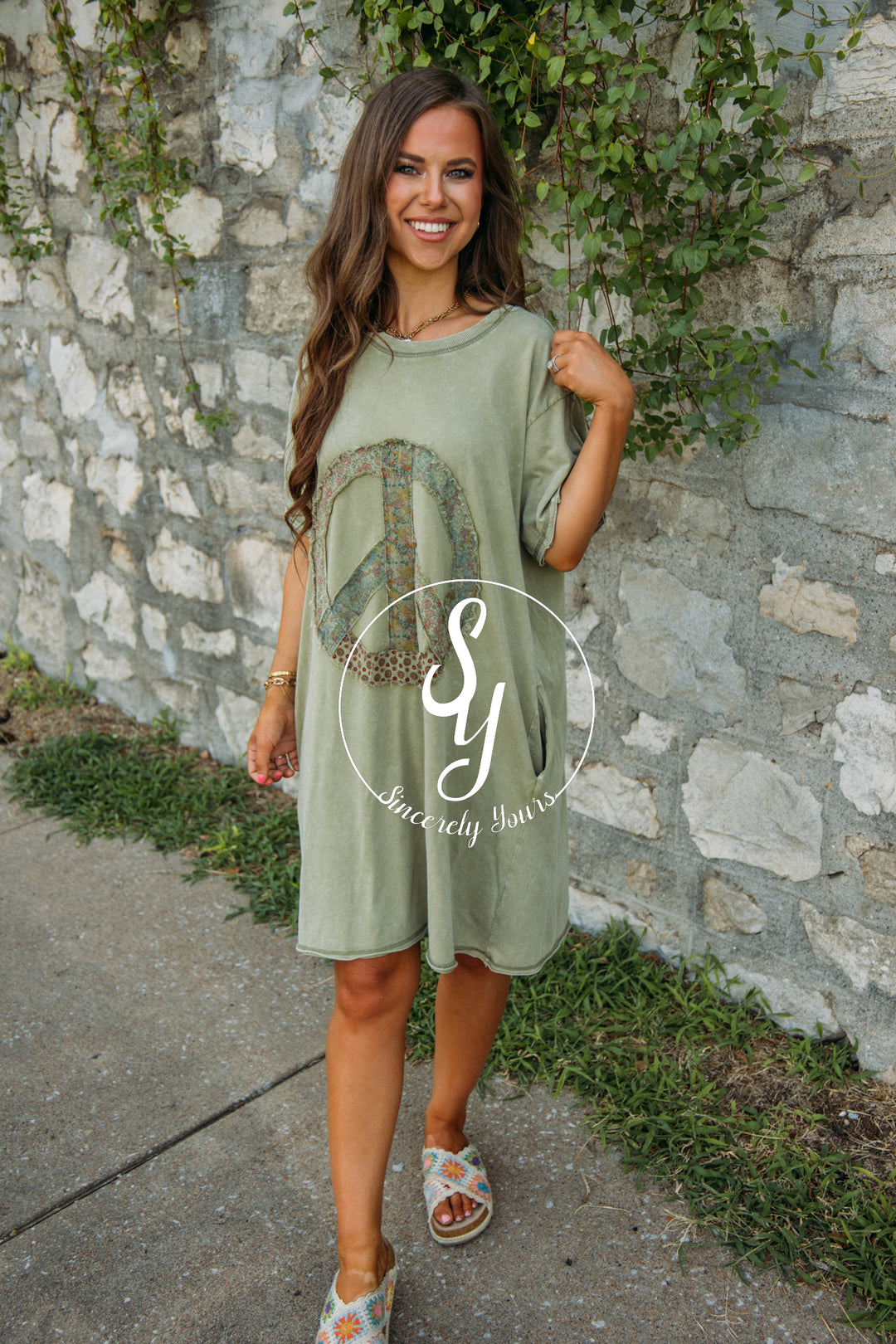 Spreading Peace Vibes Dress- Faded Olive