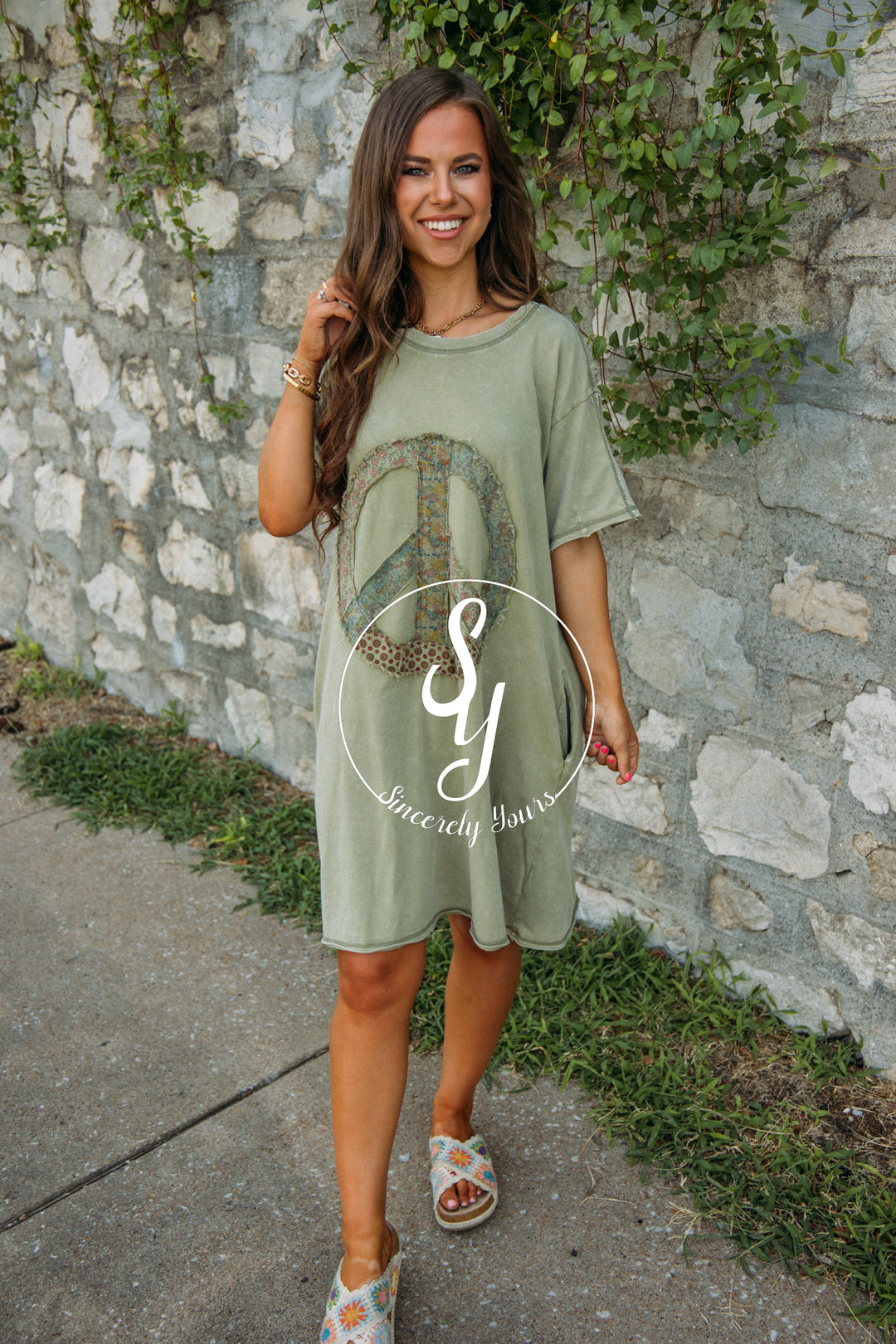 Spreading Peace Vibes Dress- Faded Olive