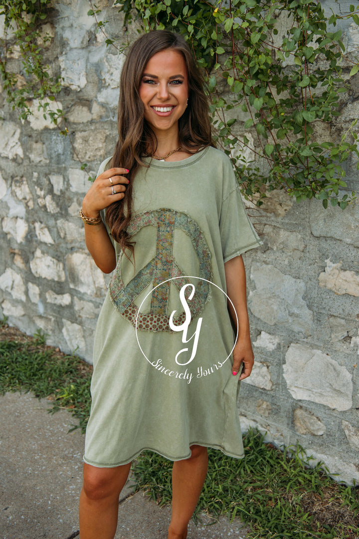 Spreading Peace Vibes Dress- Faded Olive