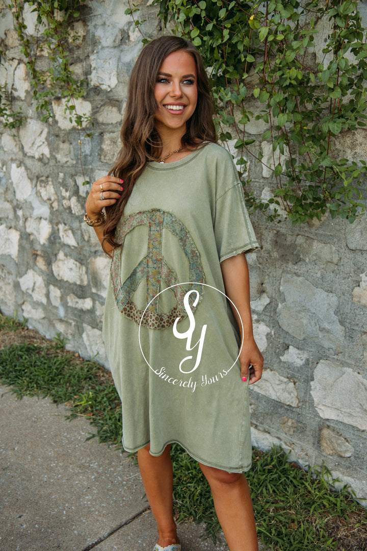 Spreading Peace Vibes Dress- Faded Olive