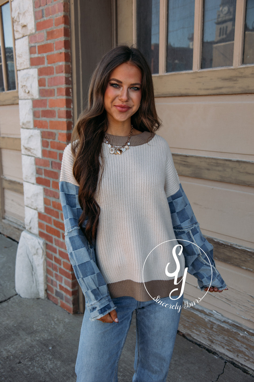 Denim Checkers Sweater - Cream Multi