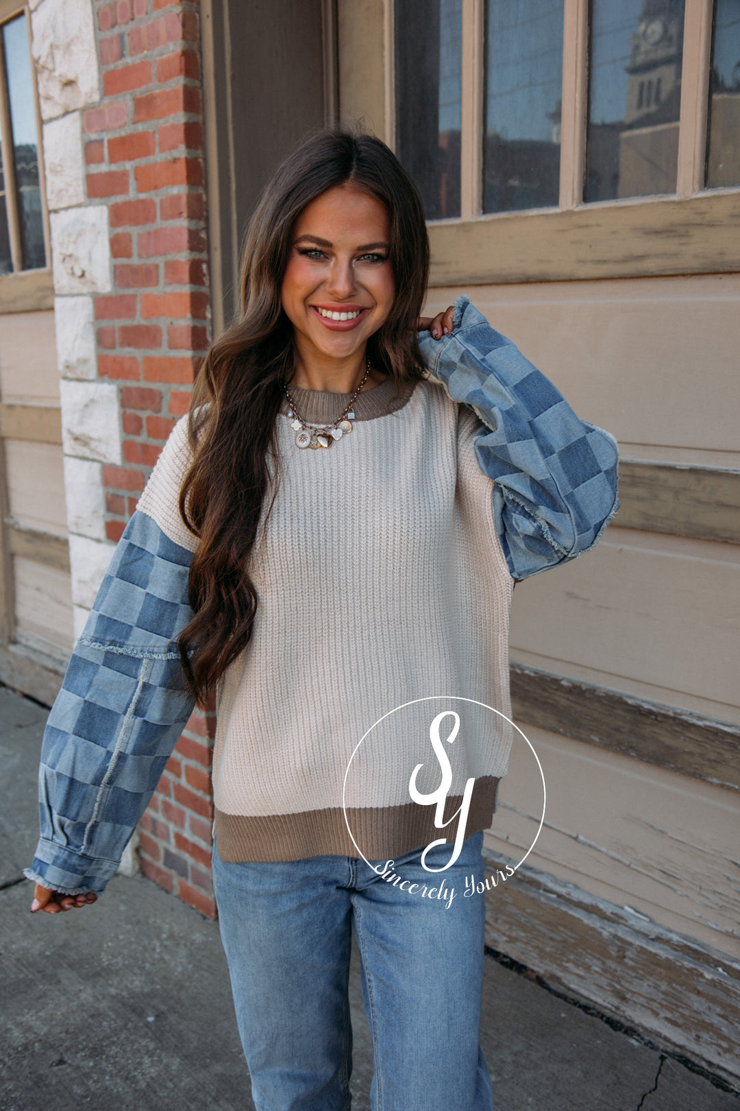 Denim Checkers Sweater - Cream Multi