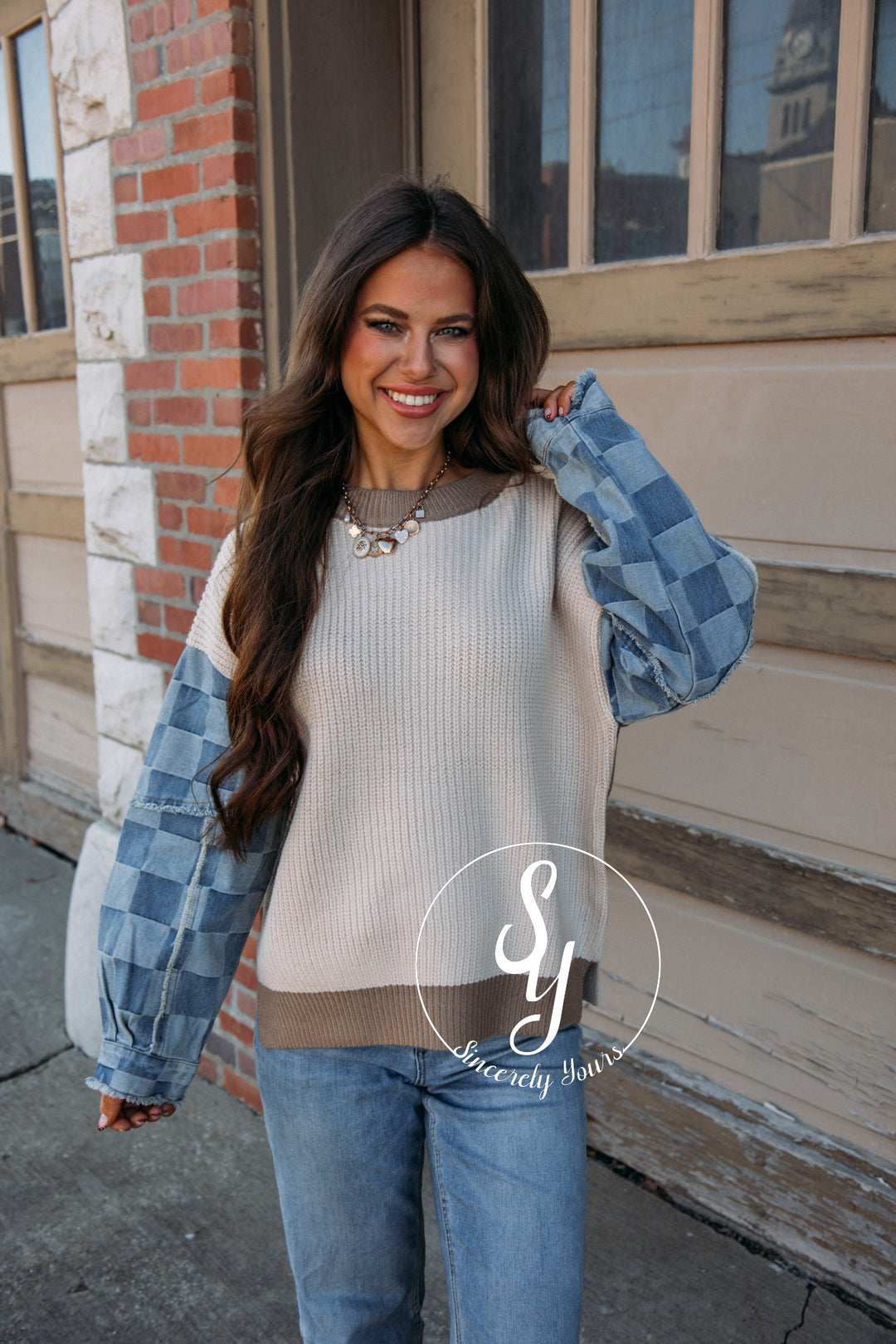 Denim Checkers Sweater - Cream Multi