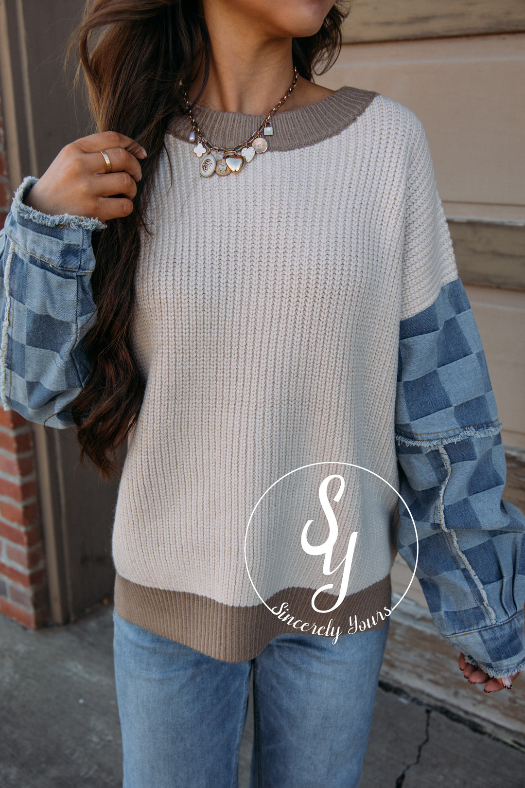 Denim Checkers Sweater - Cream Multi