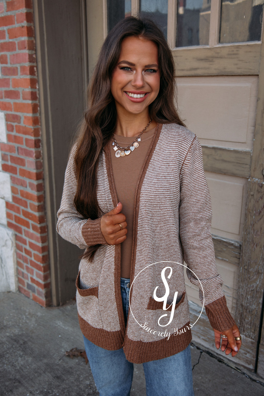 Noel Striped Cardigan-Camel