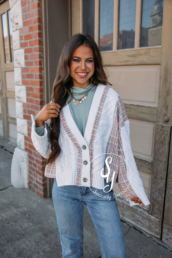 Pink Plaid Life Cardigan - Cream Pink Multi