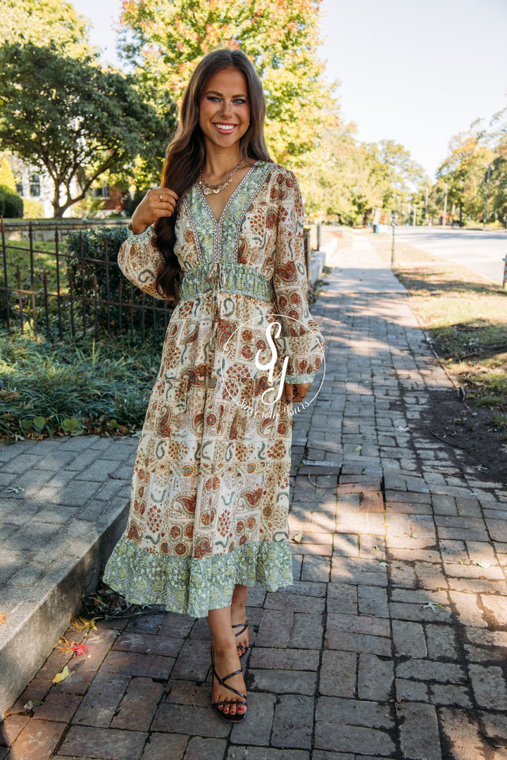 Floral Paisley Dress - Olive Brick Multi