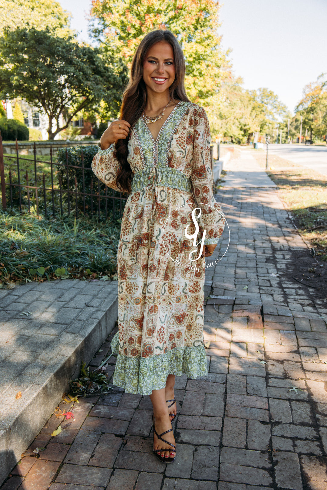 Floral Paisley Dress - Olive Brick Multi