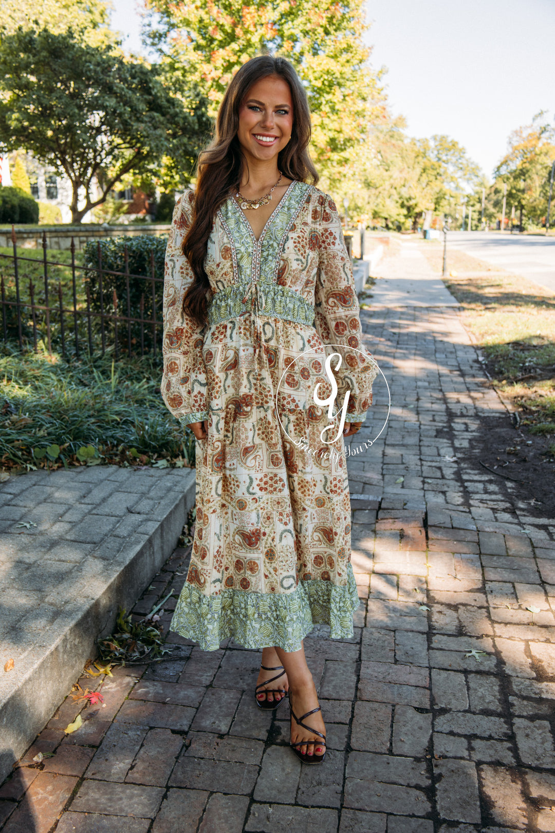 Floral Paisley Dress - Olive Brick Multi