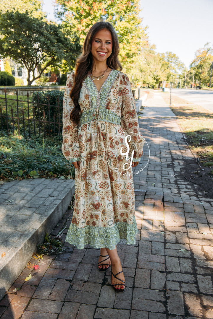 Floral Paisley Dress - Olive Brick Multi