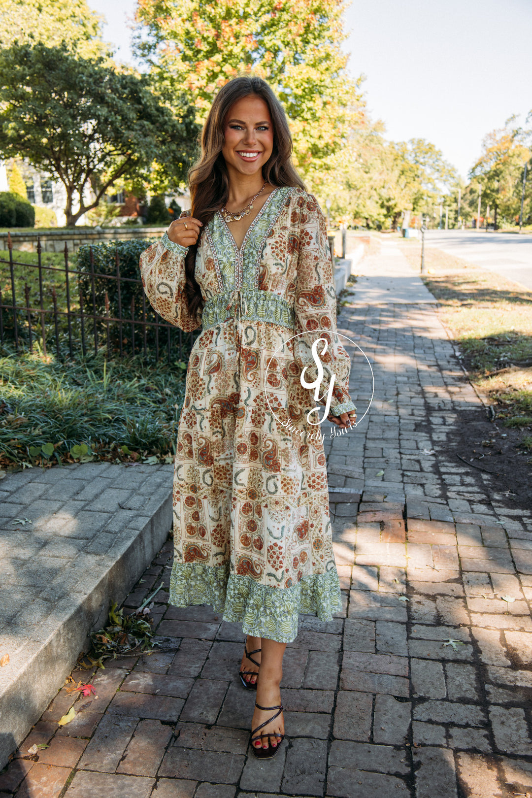 Floral Paisley Dress - Olive Brick Multi