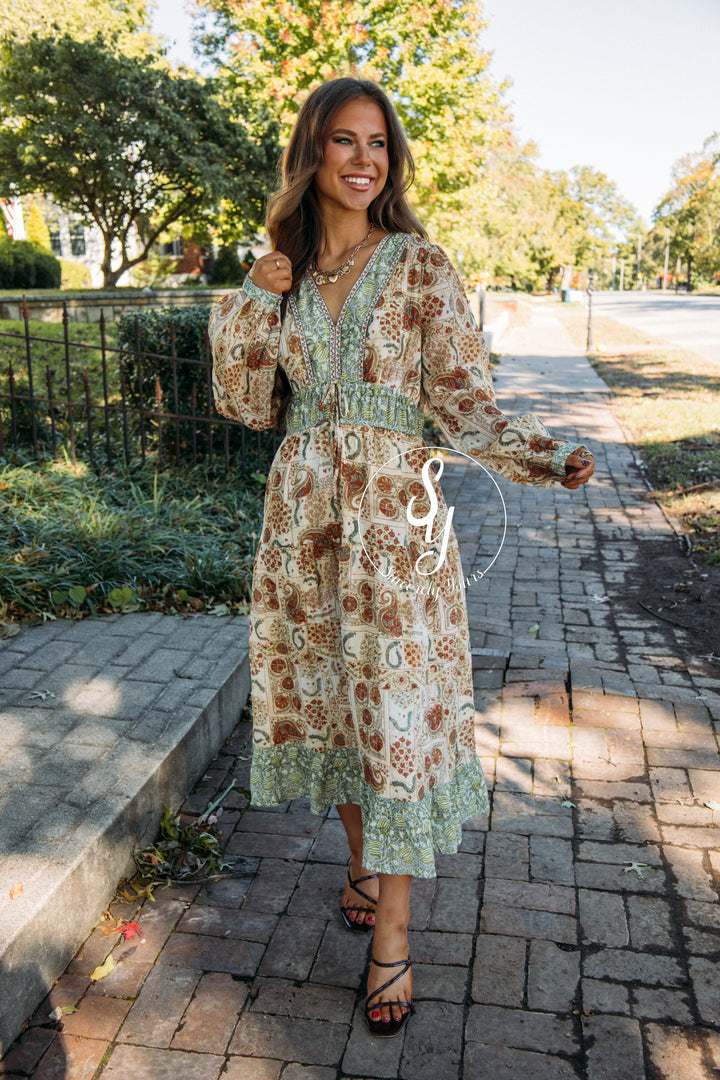Floral Paisley Dress - Olive Brick Multi