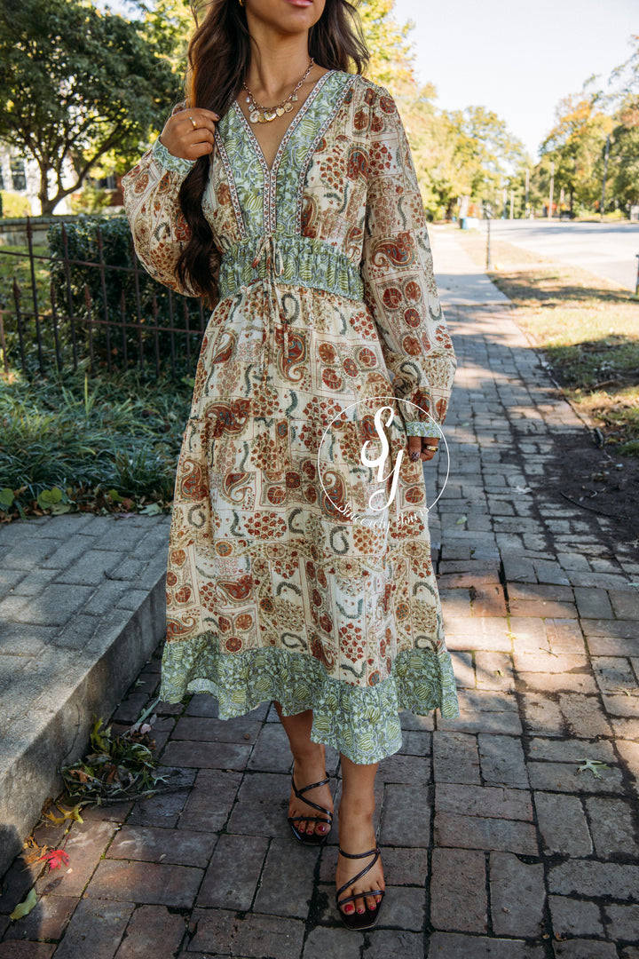 Floral Paisley Dress - Olive Brick Multi