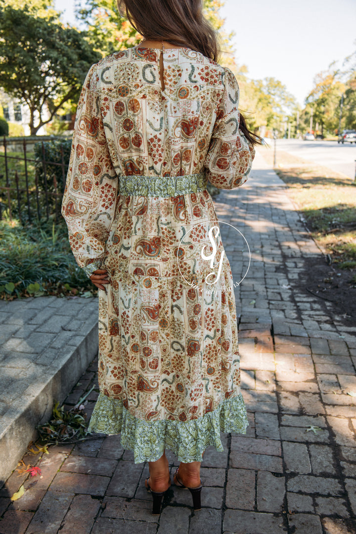 Floral Paisley Dress - Olive Brick Multi