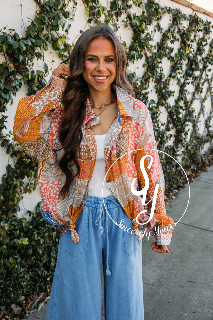 Sippin' Rose Blouse- Blue/Pink Multi