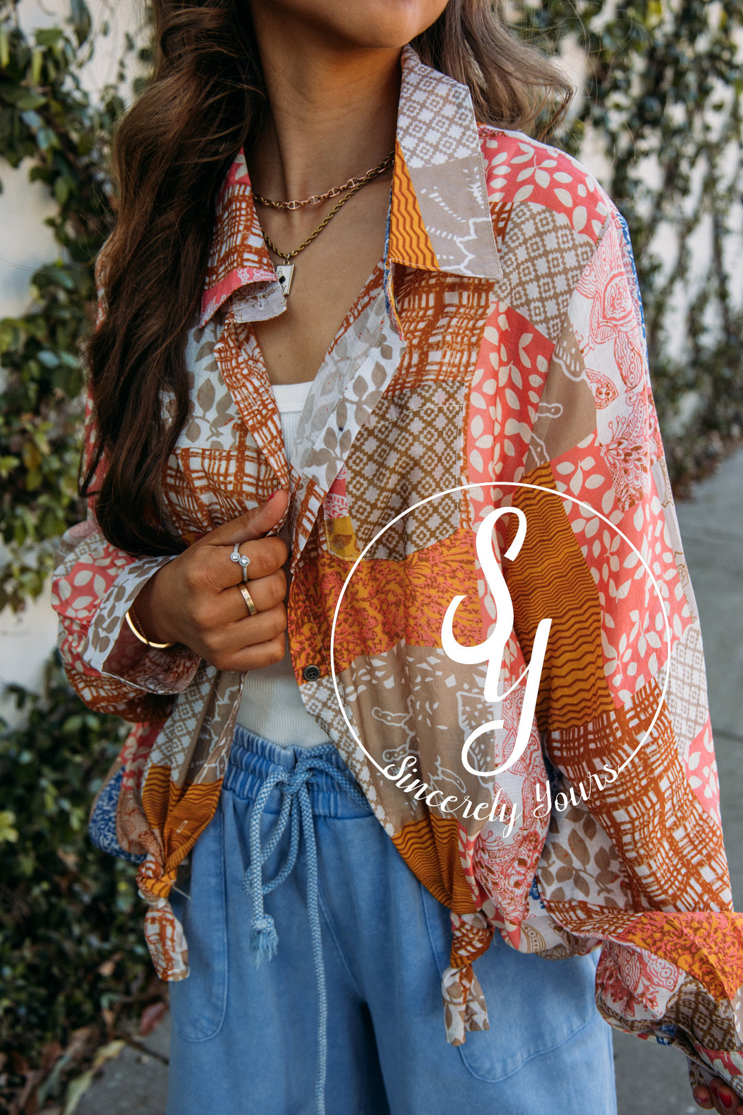 Sippin' Rose Blouse- Blue/Pink Multi