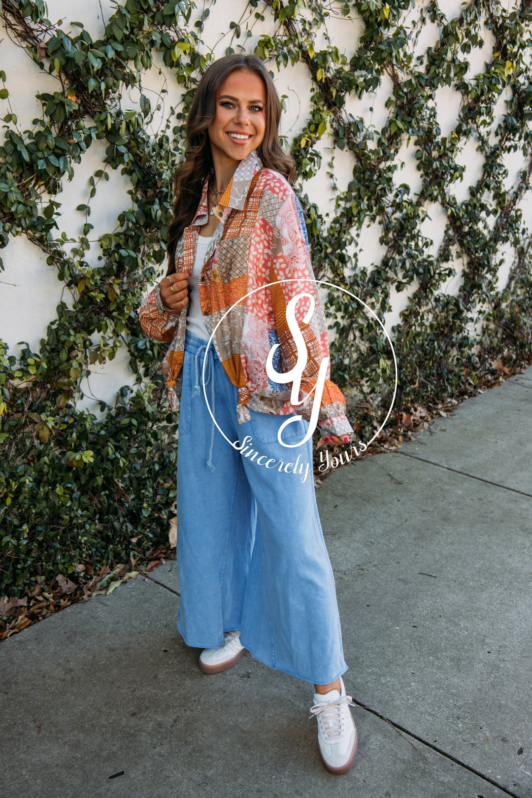 Sippin' Rose Blouse- Blue/Pink Multi