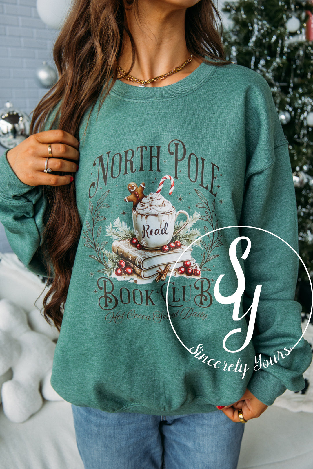 Christmas Book Crewneck - Heather Green