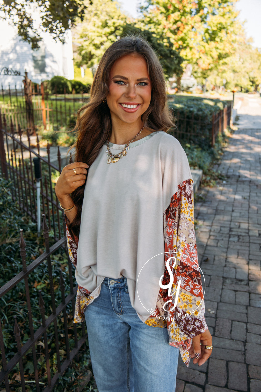 Patchwork Sleeve Top - Taupe/Rust