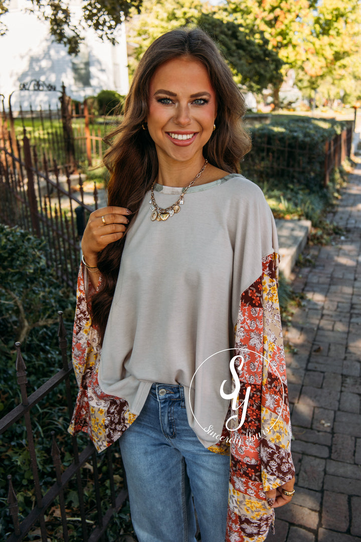 Patchwork Sleeve Top - Taupe/Rust
