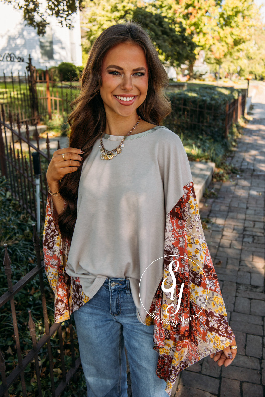 Patchwork Sleeve Top - Taupe/Rust