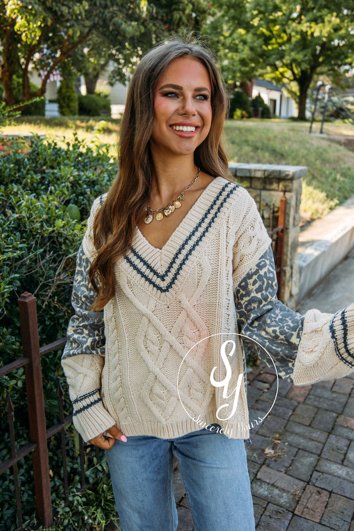 Leopard Denim Sweater- Cream/Tan Leopard