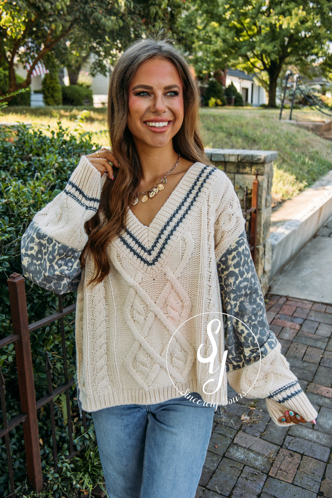 Leopard Denim Sweater- Cream/Tan Leopard