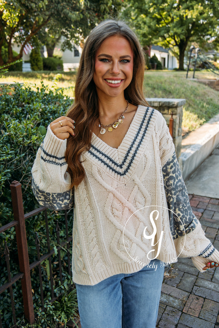 Leopard Denim Sweater- Cream/Tan Leopard