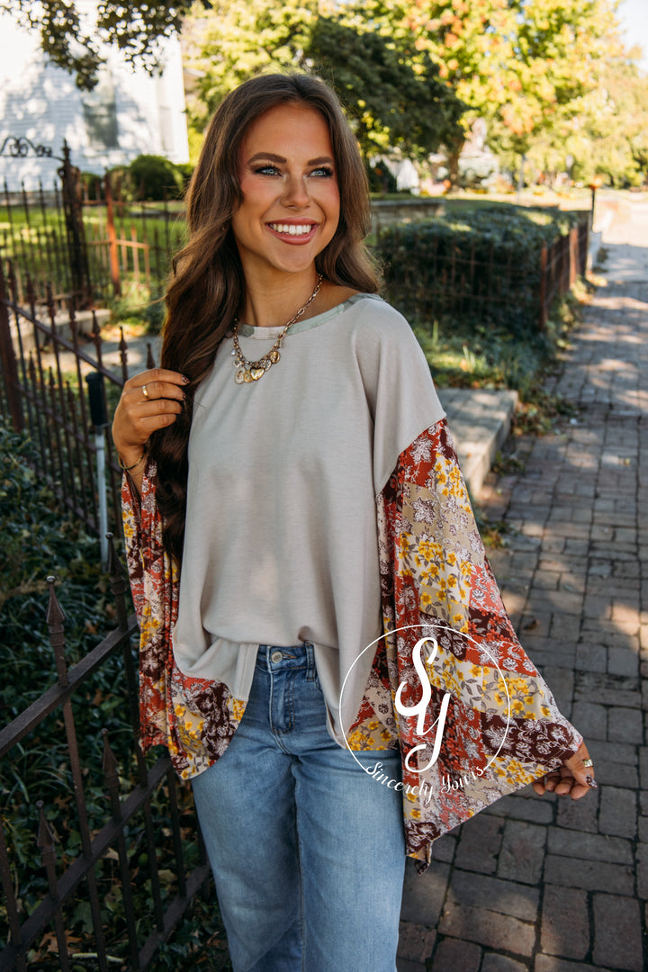 Patchwork Sleeve Top - Taupe/Rust