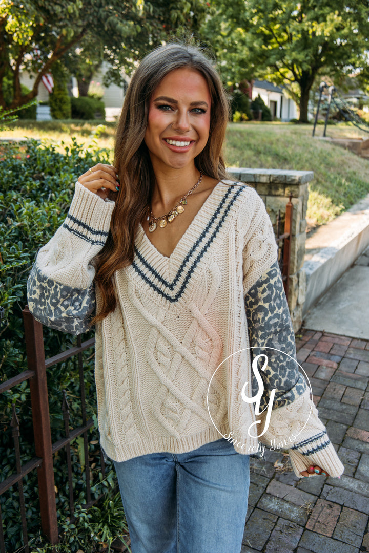 Leopard Denim Sweater- Cream/Tan Leopard