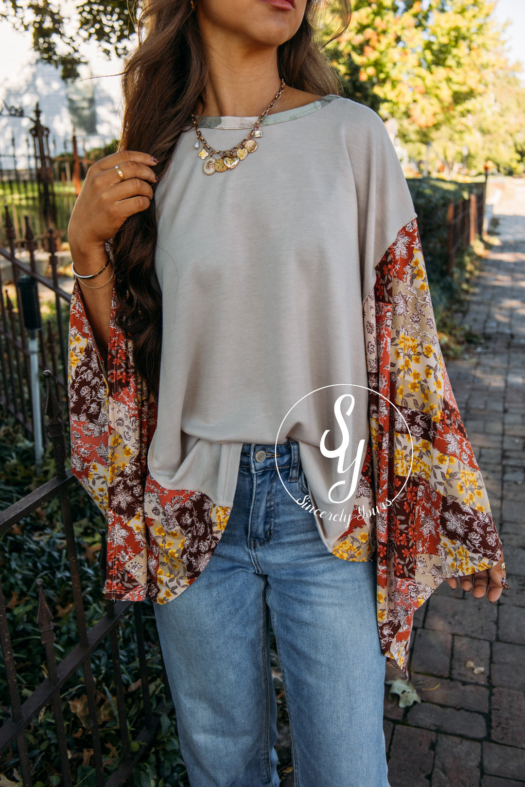 Patchwork Sleeve Top - Taupe/Rust