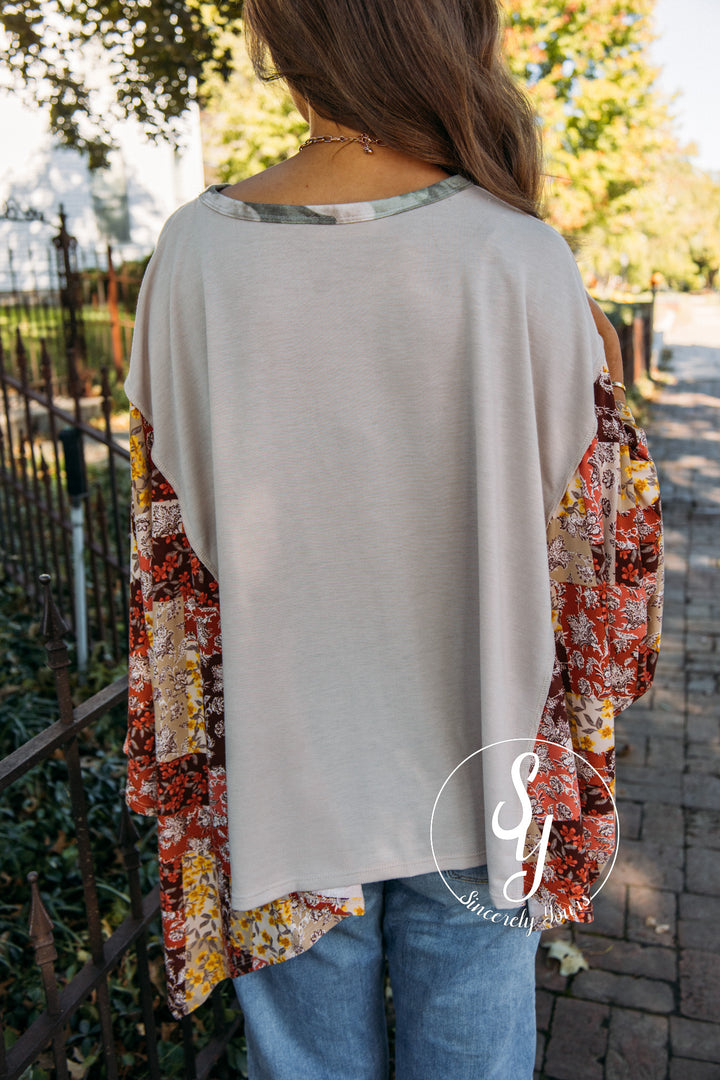 Patchwork Sleeve Top - Taupe/Rust