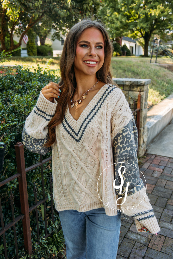Leopard Denim Sweater- Cream/Tan Leopard