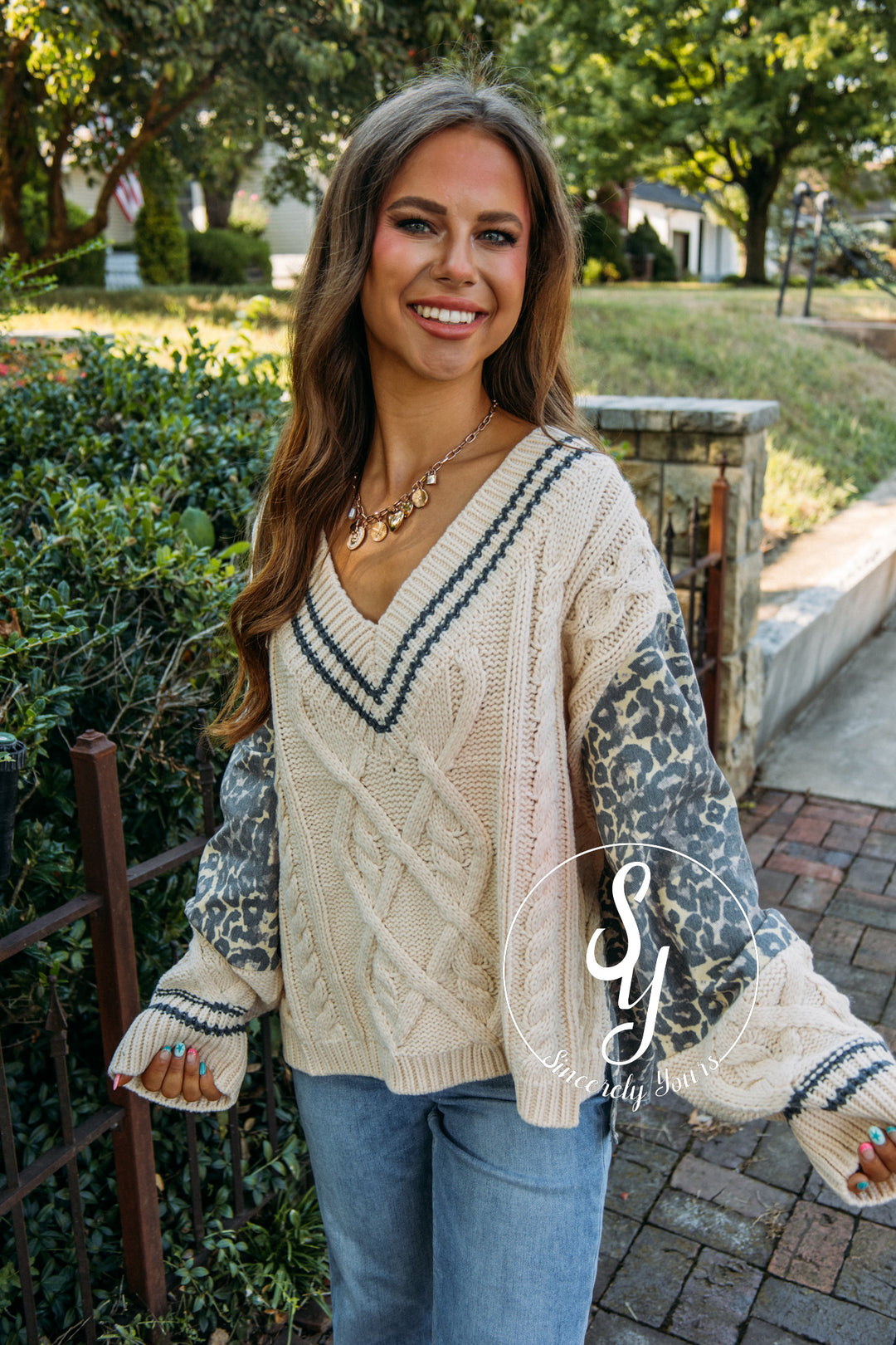 Leopard Denim Sweater- Cream/Tan Leopard