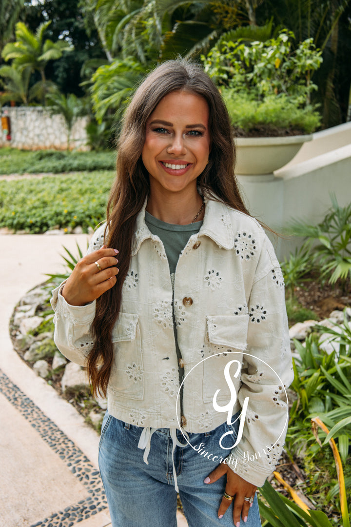 Eyelet Denim Jacket - Beige