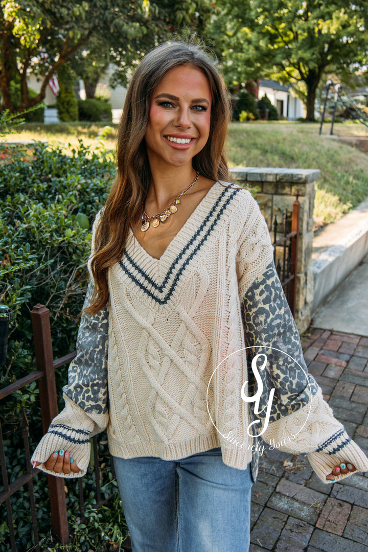 Leopard Denim Sweater- Cream/Tan Leopard