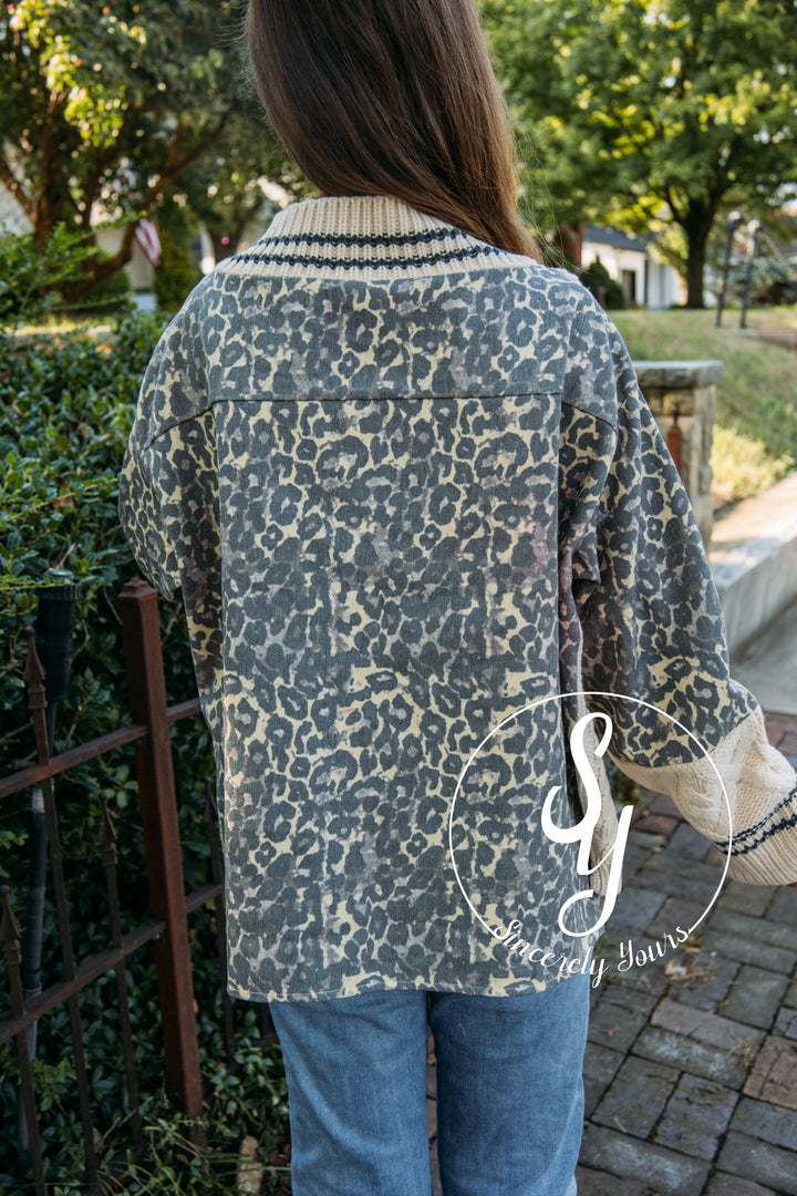 Leopard Denim Sweater- Cream/Tan Leopard