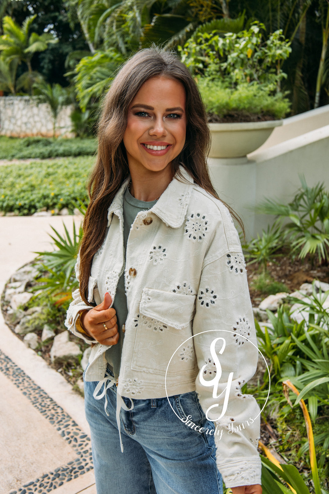 Eyelet Denim Jacket - Beige