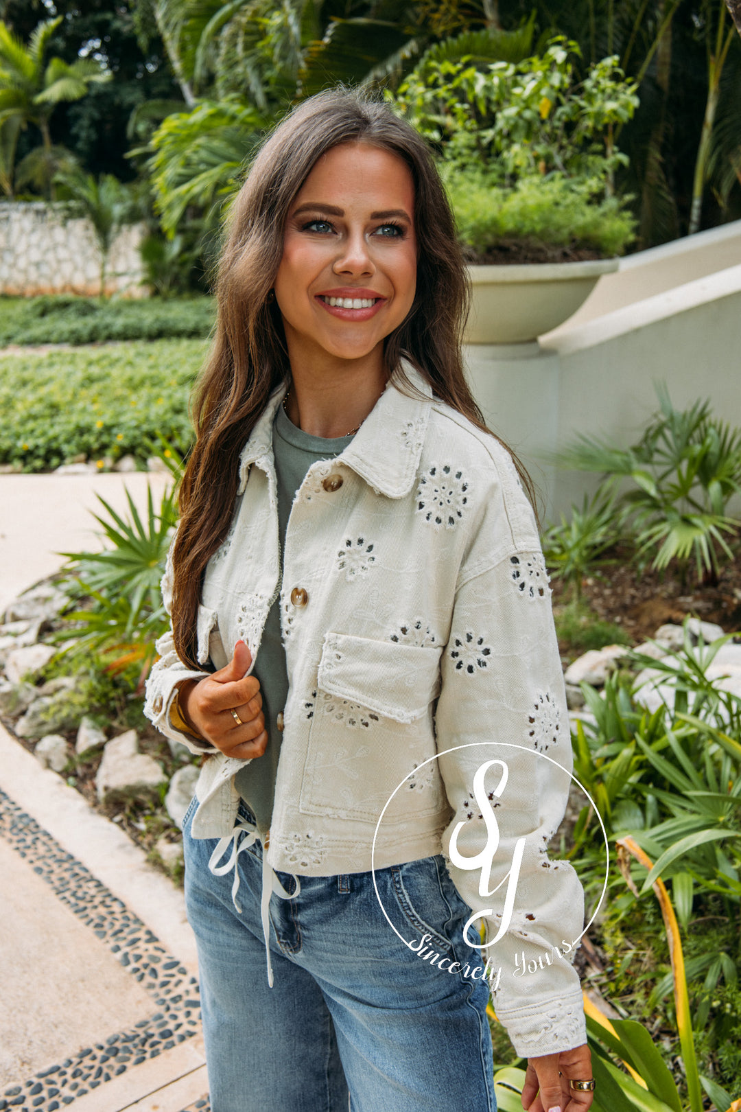 Eyelet Denim Jacket - Beige